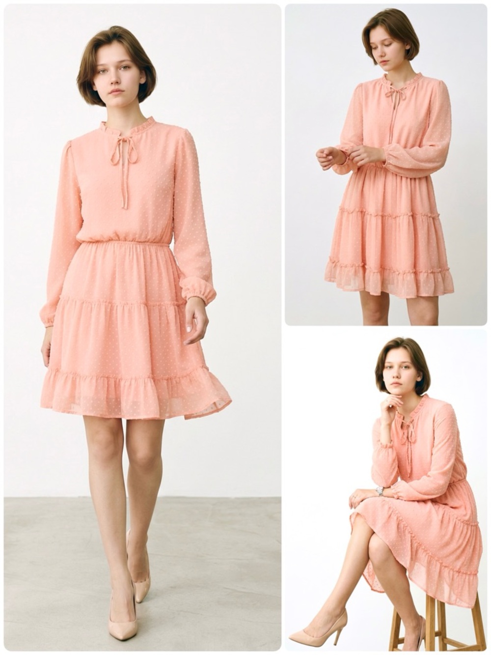 BTFBM Tiered Dress Swiss Dot Ruffle Tie V-Neck Long Sleevees Knee Length